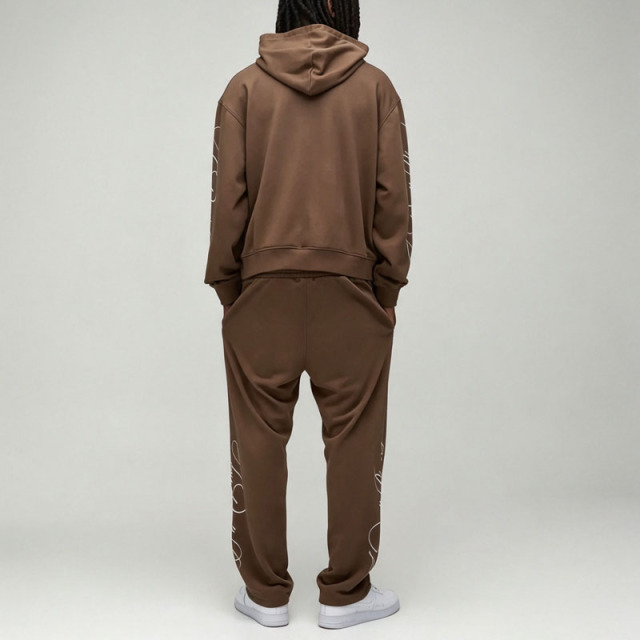 Custom Screen Print 2 Pieces Boxy Fit Brown Cotton French Terry Pullover Hoodie Jogger Apparel Men's Streetwear Tracksuit