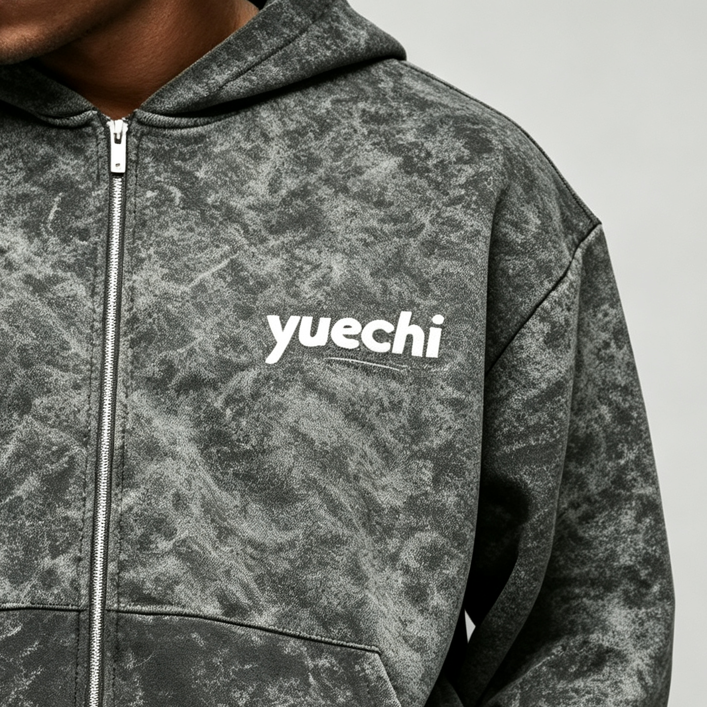 Custom Acid Wash DTG Printed Full Zip 2-Piece Boxy Fit Baggy Wide Leg Charcoal Grey Fleece Winter Streetwear Men's Tracksuit Set