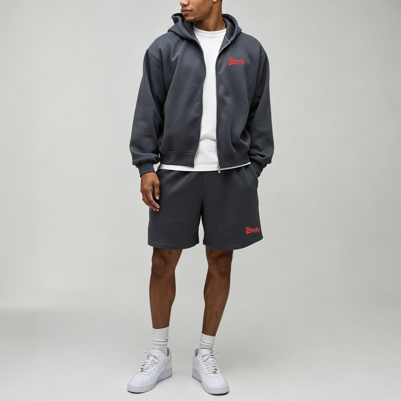Custom Men's Boxy Oversized Full Zip Hoodie Sweat Shorts 2 Piece Set 100% Cotton French Terry Embroidery Tracksuit