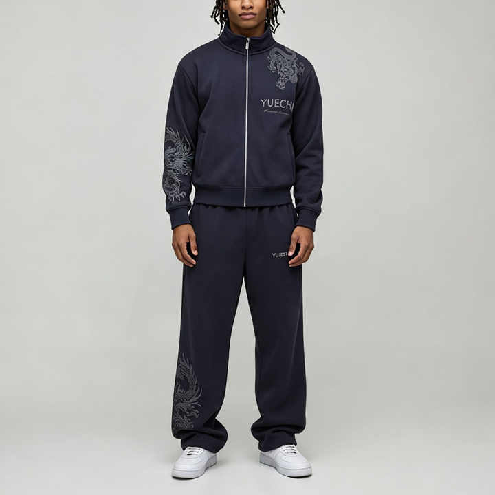 Custom Embroidery 2 Pieces Stand Collar Full Zip Bomber Jacket Wide Leg Pants Navy Blue Cotton Men's Autumn Streetwear