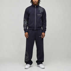 Custom Embroidery 2 Pieces Stand Collar Full Zip Bomber Jacket Wide Leg Pants Navy Blue Cotton Men's Autumn Streetwear