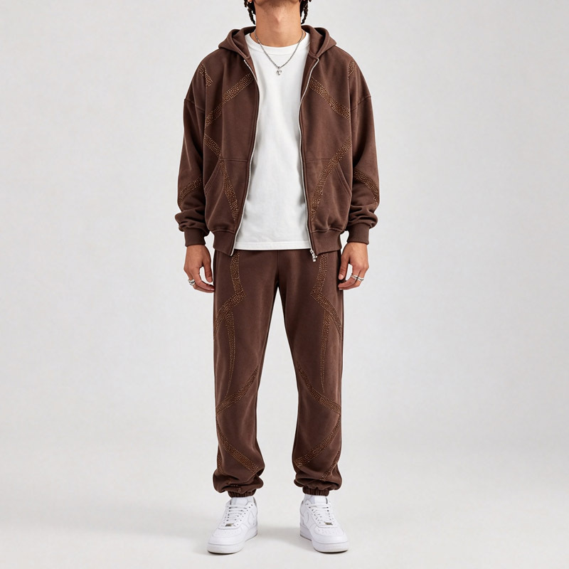 Custom Mens Chocolate Brown Rhinestone Tracksuit Set Zip up Hooded Jacket Oversized Fit Elastic Waist Cuffed Jogger Pants