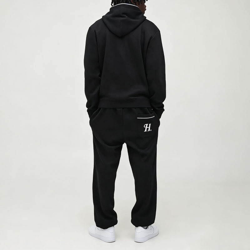 Custom Mens Regular Fit Embroidered Piped Hoodie Jogger Tracksuit Cotton Blend Solid Black Tall Sizing Casual Streetwear