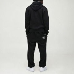 Custom Mens Regular Fit Embroidered Piped Hoodie Jogger Tracksuit Cotton Blend Solid Black Tall Sizing Casual Streetwear