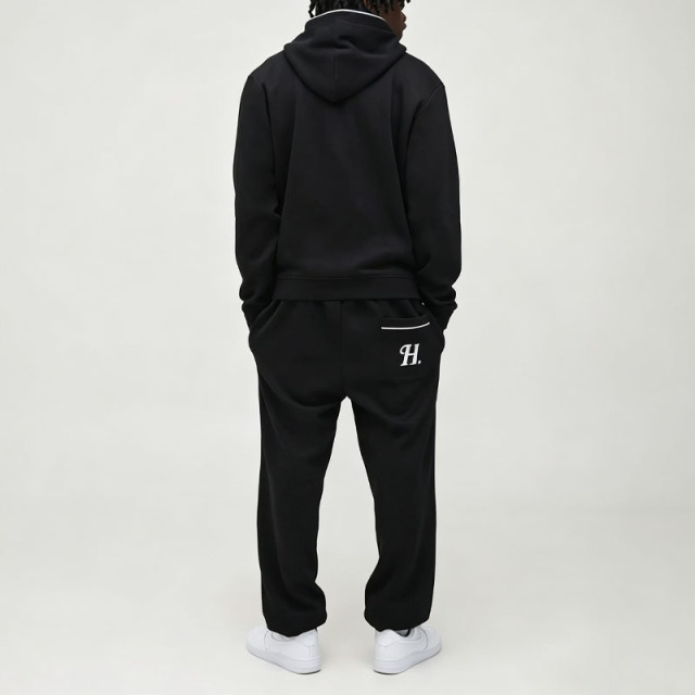 Custom Mens Regular Fit Embroidered Piped Hoodie Jogger Tracksuit Cotton Blend Solid Black Tall Sizing Casual Streetwear