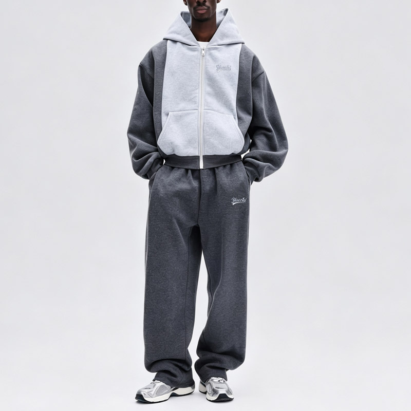Men Color Block Fleece Lined Tracksuit Cropped Full Zip Hoodie Wide Leg Sweatpants Grey Embroidery Oversize Streetwear Casual