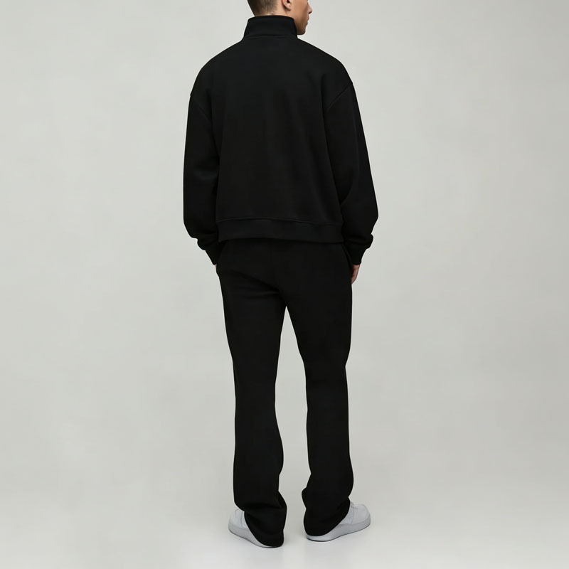 Custom Mens Winter Boxy Quarter Zip Funnel Neck Embroidered Flared Jogger Tracksuit Fleece Back Screen Printing Black Streetwear
