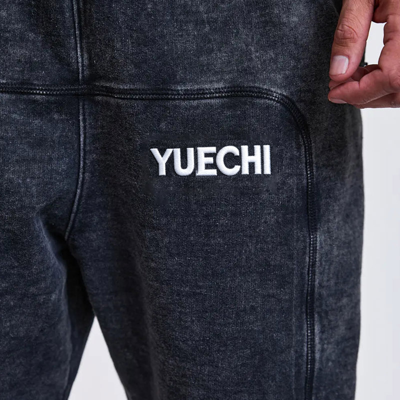 Custom Men's Snow Wash Cotton French Terry Quarter Zip Cropped Embroidery Applique Hoodie Wide Leg Sweatpants Street Set