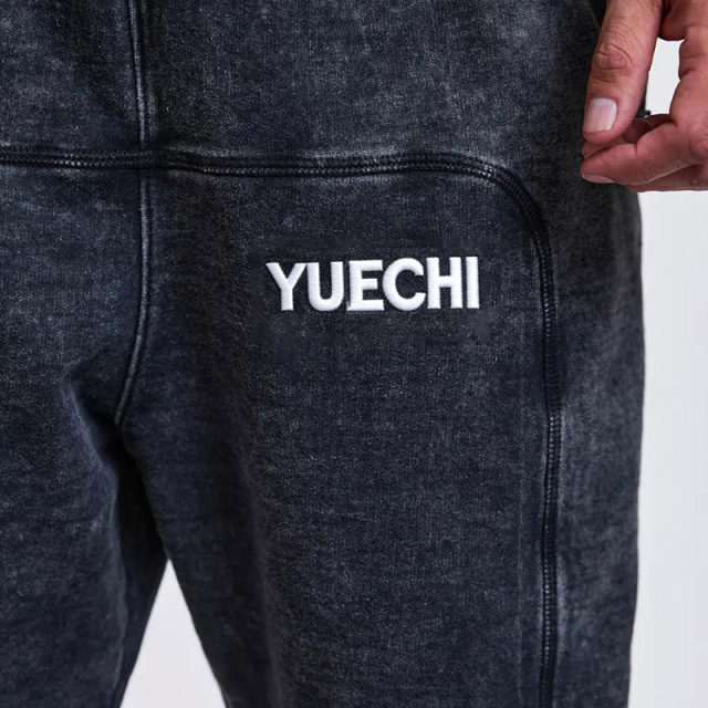 Custom Men's Snow Wash Cotton French Terry Quarter Zip Cropped Embroidery Applique Hoodie Wide Leg Sweatpants Street Set