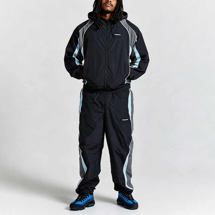 Custom Men Woven Nylon Full Zip Hooded Tracksuit Contrast Piping Breathable Mesh Lining Relaxed Fit Lightweight Two Piece Set