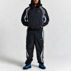 Custom Men Woven Nylon Full Zip Hooded Tracksuit Contrast Piping Breathable Mesh Lining Relaxed Fit Lightweight Two Piece Set