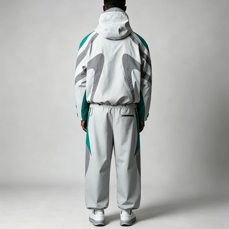 Men's Oversized Hard Shell Tracksuit Windproof Waterproof Seam Sealed Color Block Curved Panel Hooded Jacket Wide Leg Pant Set