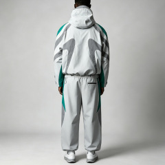Men's Oversized Hard Shell Tracksuit Windproof Waterproof Seam Sealed Color Block Curved Panel Hooded Jacket Wide Leg Pant Set