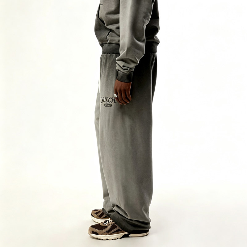 Men Heavy Wash Grey Heavyweight French Terry Vintage Spray Printing Embroidery Hoodie Wide Leg Floor Length Sweatpants Tracksuit