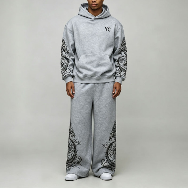Custom Flocked DTG Printing 100% Pure Cotton French Terry 2 Pieces Boxy Baggy Heather Grey Men's Winter Streetwear Hooded