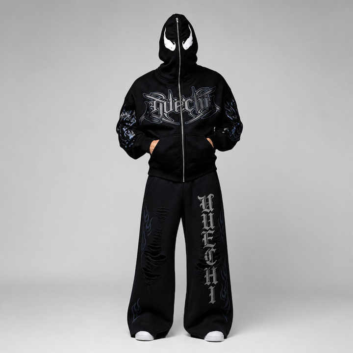 Custom Streetwear Mens Mask Full Zip Hooded 2 Piece Set Boxy Oversized Puff Print Gothic Heavy Cotton Fleece Wide Leg Tracksuit