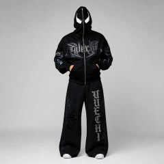 Custom Streetwear Mens Mask Full Zip Hooded 2 Piece Set Boxy Oversized Puff Print Gothic Heavy Cotton Fleece Wide Leg Tracksuit