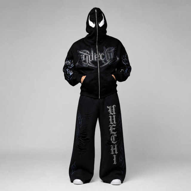 Custom Streetwear Mens Mask Full Zip Hooded 2 Piece Set Boxy Oversized Puff Print Gothic Heavy Cotton Fleece Wide Leg Tracksuit