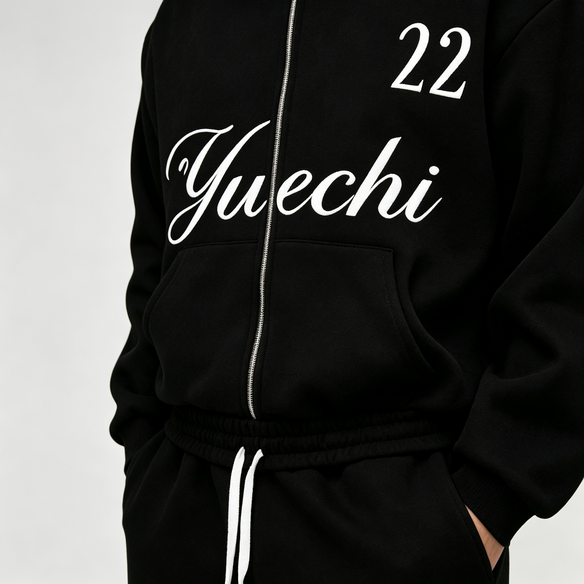Custom Puff Printing French Terry Full Zip Hoodie Wide Leg Sweatpants 2 Pieces Cotton Blend Black Men's Streetwear Tracksuit Set