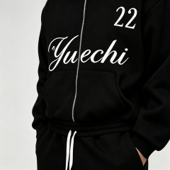 Custom Puff Printing French Terry Full Zip Hoodie Wide Leg Sweatpants 2 Pieces Cotton Blend Black Men's Streetwear Tracksuit Set