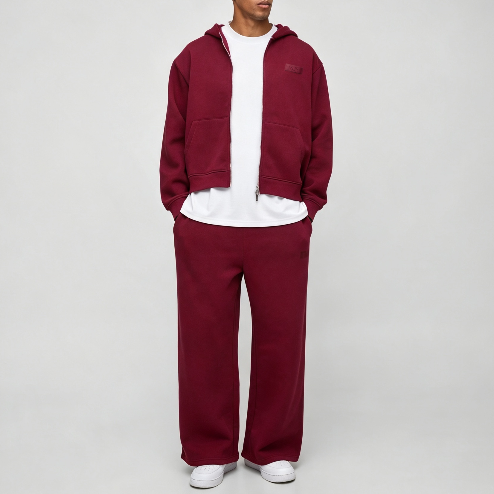 Custom Applique Embroidery French Terry Full Zip 2 Pieces Boxy Fit Cropped Wide Leg Urban Cotton Men's Streetwear Tracksuit Set