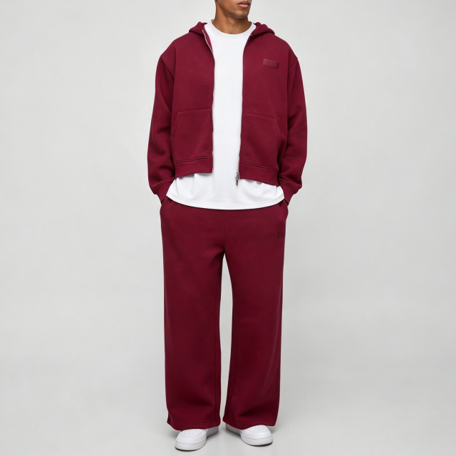 Custom Applique Embroidery French Terry Full Zip 2 Pieces Boxy Fit Cropped Wide Leg Urban Cotton Men's Streetwear Tracksuit Set