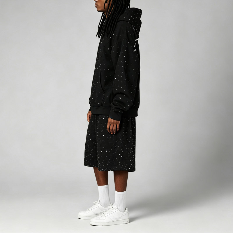 Custom Mens Hooded Pullover Tracksuit 100% Cotton French Terry Full Rhinestone Embroidered Oversized Hoodie Shorts Two Piece Set