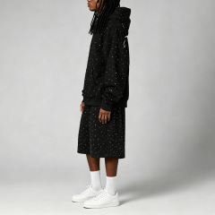 Custom Mens Hooded Pullover Tracksuit 100% Cotton French Terry Full Rhinestone Embroidered Oversized Hoodie Shorts Two Piece Set