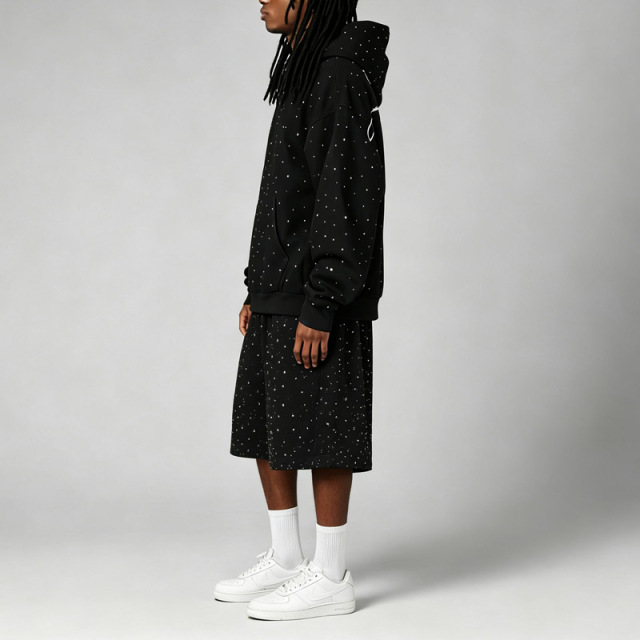 Custom Mens Hooded Pullover Tracksuit 100% Cotton French Terry Full Rhinestone Embroidered Oversized Hoodie Shorts Two Piece Set