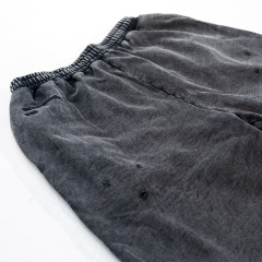 Men's Charcoal Washed 400G Heavyweight Fleece Applique Embroidery Distressed Hoodie Wide Leg Sweatpants Set Cotton Tracksuit