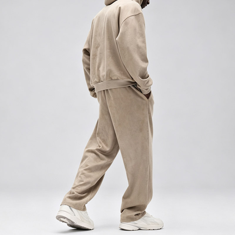 Men Taupe Faux Suede Full Zip Hoodie Tracksuit Oversized Dropped Shoulder Wide Leg Sweatpants Embroidery Two Piece Set