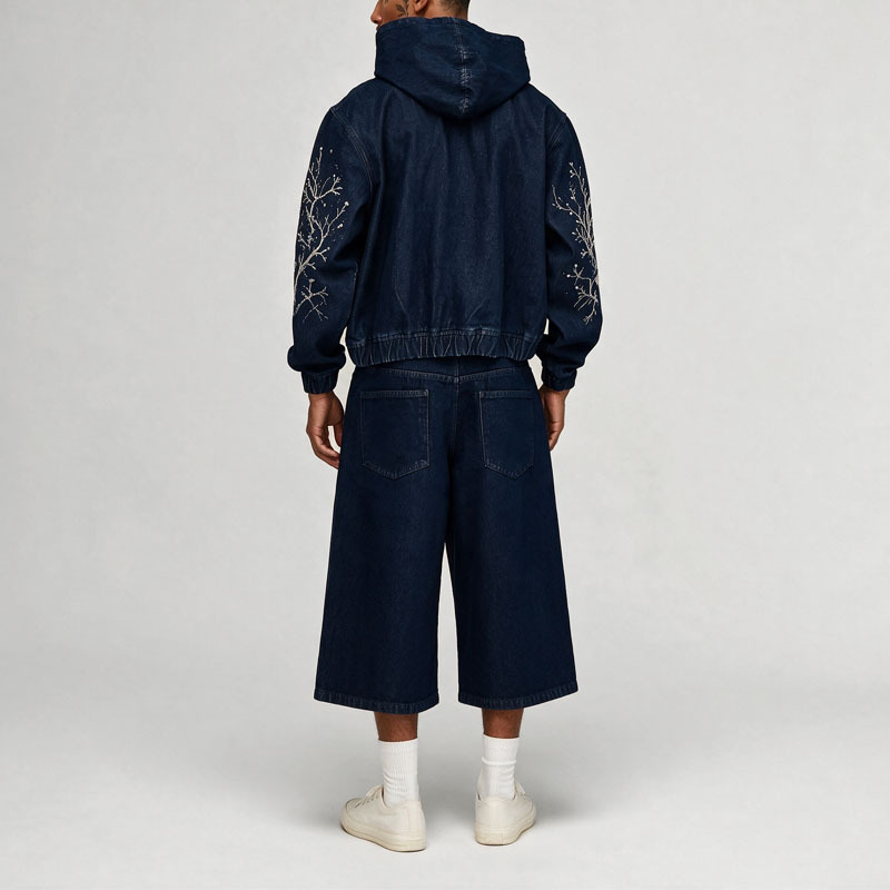 Men Washed Embroidered Denim Two Piece Set Zip up Hooded Cropped Denim Jacket Wide Leg Denim Shorts 100% Cotton Streetwear