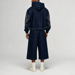 Men Washed Embroidered Denim Two Piece Set Zip up Hooded Cropped Denim Jacket Wide Leg Denim Shorts 100% Cotton Streetwear