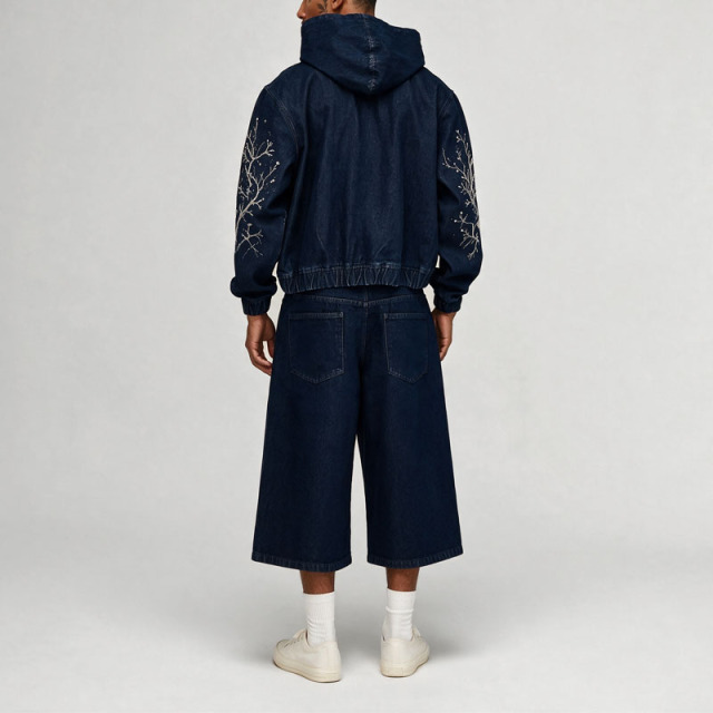 Men Washed Embroidered Denim Two Piece Set Zip up Hooded Cropped Denim Jacket Wide Leg Denim Shorts 100% Cotton Streetwear