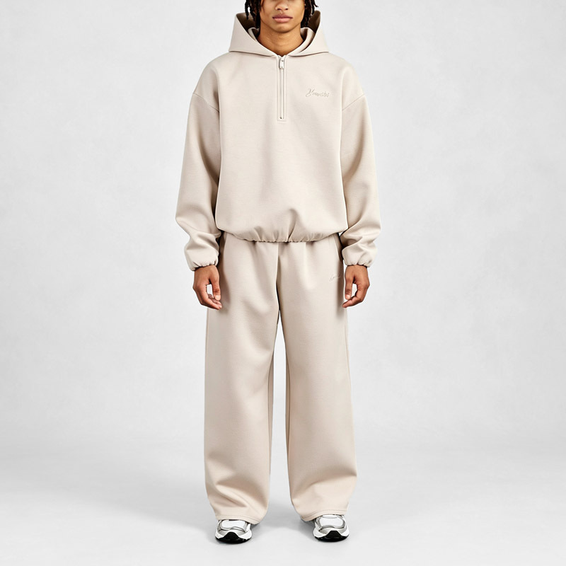 Mens Oversized Quarter Zip Hoodie and Baggy Wide Leg Pant 2 Piece Set Air Layer Fabric With Script Embroidery Street Tracksuit