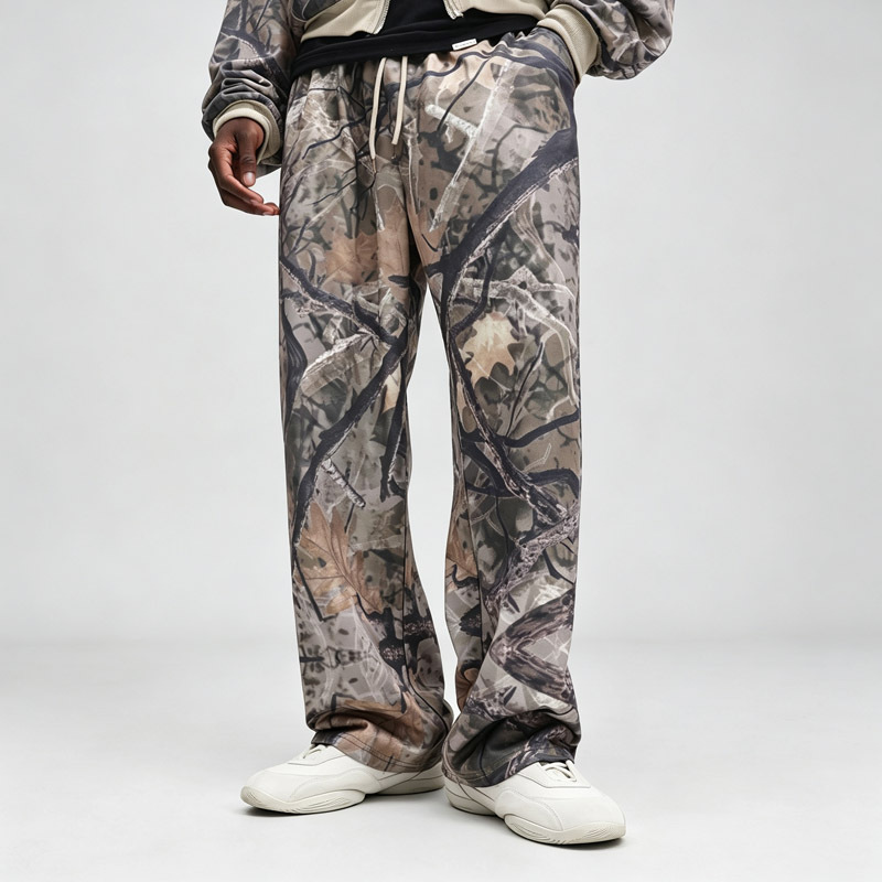 Men Camouflage Full Zip Cropped Tracksuit All Over Full Printing 100% Polyester Loose Wide Leg Sweatpants Streetwear 2 Piece Set