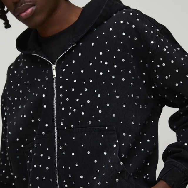 Custom Made Rhinestone Studded Heavyweight French Terry 2-Piece Full-Zip Boxy Fit Cropped Wide-Leg Men's Black Winter Streetwear