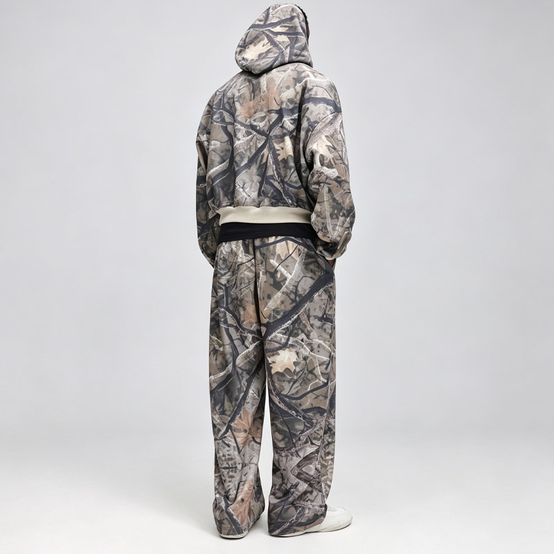 Men Camouflage Full Zip Cropped Tracksuit All Over Full Printing 100% Polyester Loose Wide Leg Sweatpants Streetwear 2 Piece Set