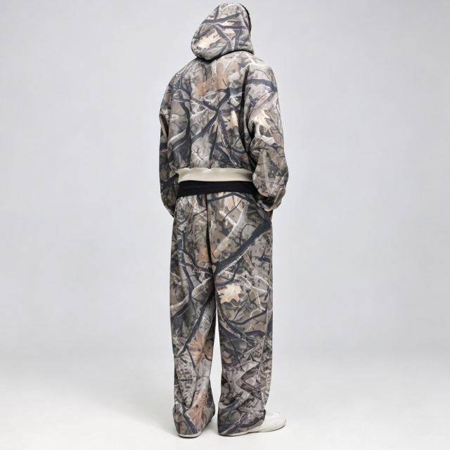 Men Camouflage Full Zip Cropped Tracksuit All Over Full Printing 100% Polyester Loose Wide Leg Sweatpants Streetwear 2 Piece Set