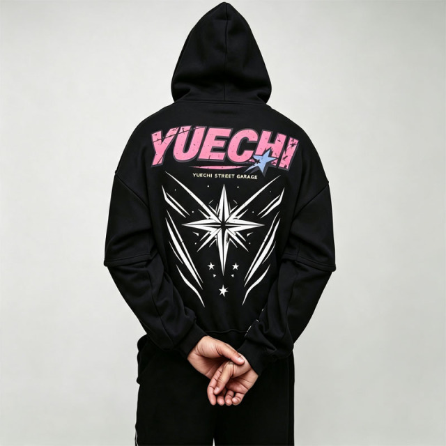 Custom Screen Print Faux Layer Boxy Wide Leg 100% Cotton French Terry 2 Pieces Black Men's Streetwear Tracksuit Set
