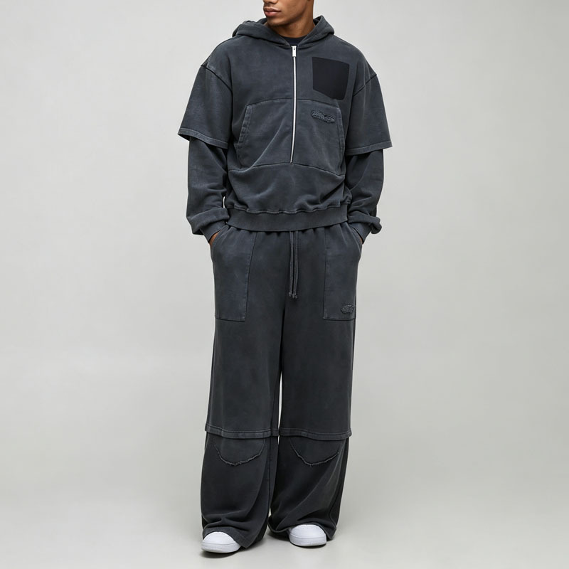 Custom Men's Oversized Boxy Washed Lived-in French Terry Fake Layer Zip up Hoodie Wide Leg Tracksuit Vintage Streetwear