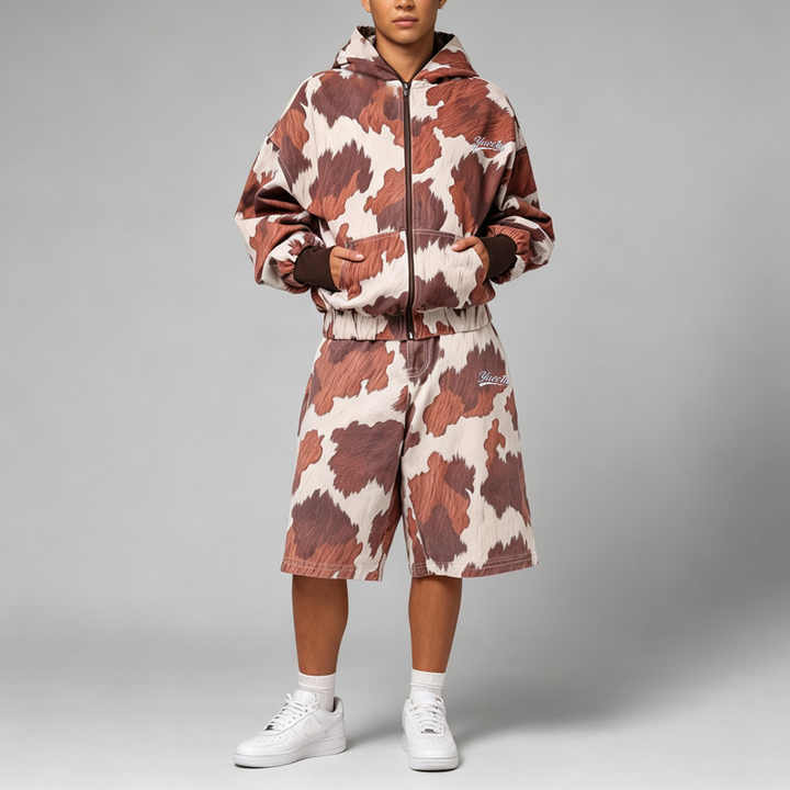 Custom Heavyweight Woven Mens Y2K Streetwear 2 Piece Set Full Print Full Zip Cropped Wide Leg Jort Shorts Embroidery
