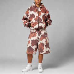 Custom Heavyweight Woven Mens Y2K Streetwear 2 Piece Set Full Print Full Zip Cropped Wide Leg Jort Shorts Embroidery
