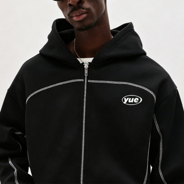 Custom Men's Oversized Full Zip Tracksuit Heavyweight French Terry Contrast Stitching Puff Printing Baggy Two Piece Streetwear