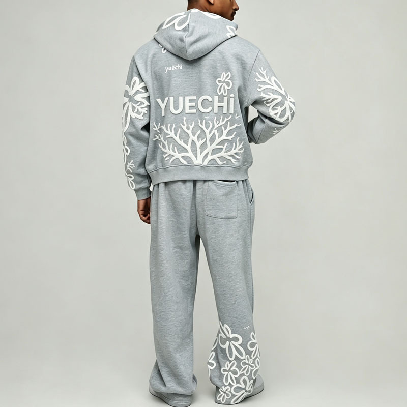 Custom 100% Cotton French Terry 3D Foam Puff Printing Full Zip 2 Pieces Boxy Fit Cropped Baggy Men's Heather Grey Tracksuit Set