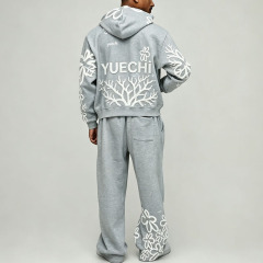 Custom 100% Cotton French Terry 3D Foam Puff Printing Full Zip 2 Pieces Boxy Fit Cropped Baggy Men's Heather Grey Tracksuit Set