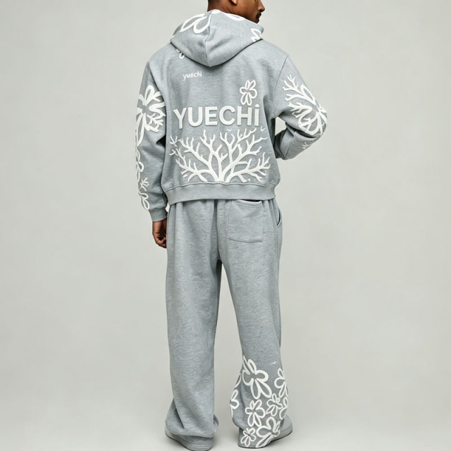 Custom 100% Cotton French Terry 3D Foam Puff Printing Full Zip 2 Pieces Boxy Fit Cropped Baggy Men's Heather Grey Tracksuit Set