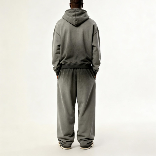 Men Heavy Wash Grey Heavyweight French Terry Vintage Spray Printing Embroidery Hoodie Wide Leg Floor Length Sweatpants Tracksuit