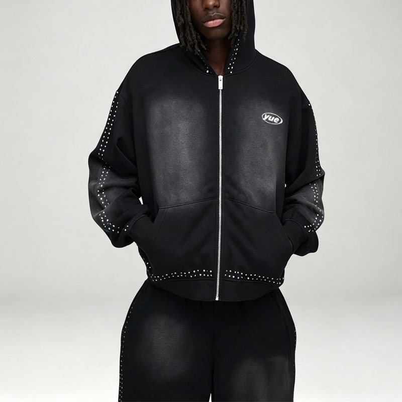 Custom Sun Faded Studded Rivet Boxy Fit 2 Pieces Full Zip up Baggy Wide Leg Urban Streetwear Men's 100% Cotton Tracksuit