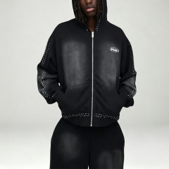 Custom Sun Faded Studded Rivet Boxy Fit 2 Pieces Full Zip up Baggy Wide Leg Urban Streetwear Men's 100% Cotton Tracksuit